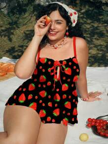 Swim Mod 2pcs/Set Plus Size Women Strawberry Print Flounced Spaghetti Strap Tankini, Casual And Simple For Holiday And Vacation For Summer - Multicolor - View 5