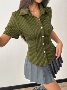 TRNVIE Women's Casual Stripe Front Button Waist Short Sleeve Shirt For Summer - Army Green - View 6