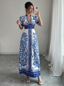 Elenzga Robe élégante à manches courtes, décolleté en V, boutons et imprimé floral pour femmes