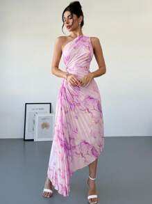 Firerie 新款女士休闲夏日假期浪漫优雅约会之夜不对称扎染印花荷叶边下摆单肩收腰镂空连衣裙 - 紫色 - 查看 5