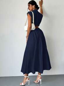 Firerie 女士优雅镂空口袋腰部收腰短袖连衣裙，日常休闲装，度假，约会，音乐节，派对，时尚风格 - 藏蓝色 - 查看 3