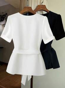 SHEIN Clasi 女士纯色圆领短袖腰系带休闲衬衫 - 白色 - 查看 2