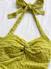 Soleia 女士度假风芥末黄提花纹理扭纹后系带荷叶边下摆迷你连衣裙