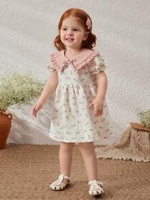 Blossori Baby Girls' Apricot Floral Print Loose Turndown Collar Dress, Spring/Summer - Multicolor - View 5