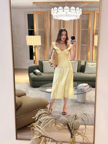 Pariaura 荷叶边花卉印花系带修身优雅黄色连衣裙 - 黃色 - 查看 1