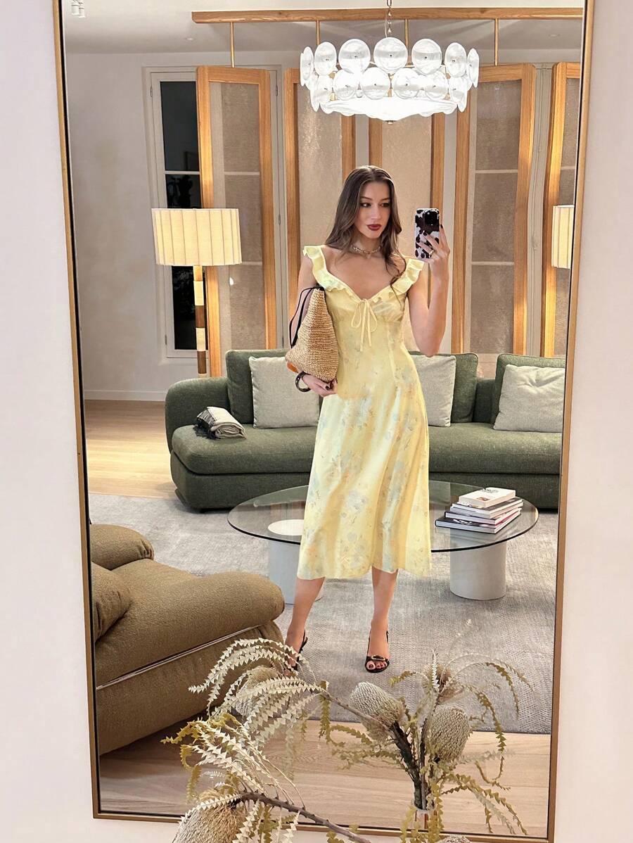 Pariaura 荷叶边花卉印花系带修身优雅黄色连衣裙 - 黃色 - 查看 1