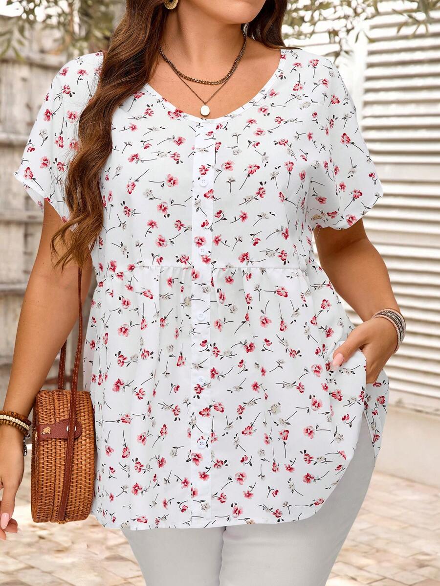 EMERY ROSE Áo cánh Raglan cỡ lớn họa tiết hoa ngày lễ cổ chữ V đơn hàng khuy lớn phù hợp cho mùa hè Boho dành cho phụ nữ Quà tặng quần áo cho mẹ Phong cách kỳ nghỉ xuân thường ngày SS Bohemia dáng rộng - Nhiều màu - Xem 1