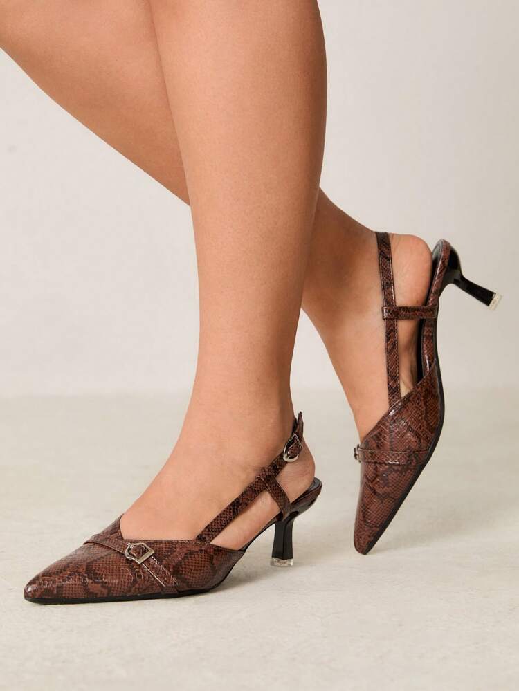 CUCCOO CURVES Wide Width High Heel Pointed Toe Buckle Decor Slingback Pumps
