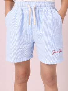 SUMWON Shorts di cotone con coulisse in seersucker, da collezione estiva per ragazzi, shorts da spiaggia in stile preppy classico con tasche laterali, perfetti per vacanze e uso casual - celeste - Visualizzare 6