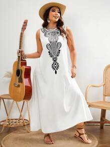 SHEIN Clasi Plus Size Holiday Colorblock Print Sleeveless Dress - White - View 5