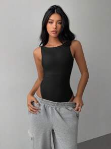 SHEIN BASICS Women's Solid Color Knit Backless Bodysuit - Black - View 5