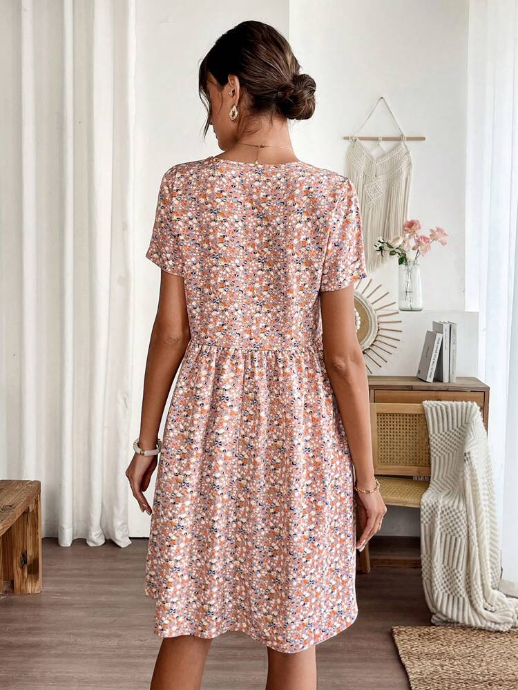 Women's V-Neck Ditsy Floral Short Sleeve Mini Dress For Vacation,Summer Dresses For Women