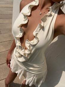 SHEIN EZwear 女士性感深 V 领露背挂脖迷你连衣裙 - 黃色 - 查看 3