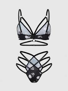 ROMWE Dark Gothic Skull Digital Print Triangle Bra And Thong Lingerie Set - Black - View 2