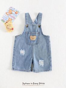 Cozy Pixies Salopette en jean délavé avec poche avant avec motif d'ours de dessin animé pour bébé garçon