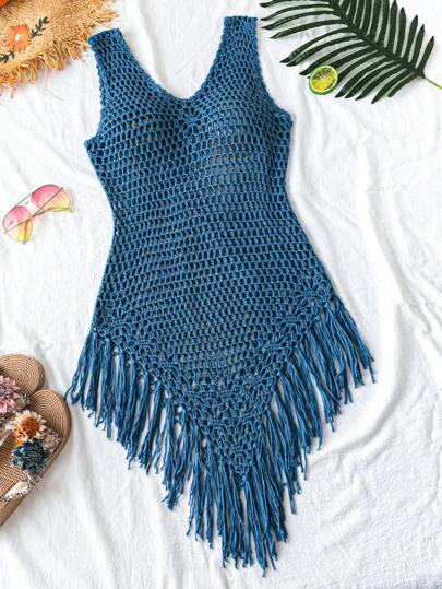 SHEIN Swim فستان شاطئ بلون صلب و هامش مشذب مفرغ للنساء