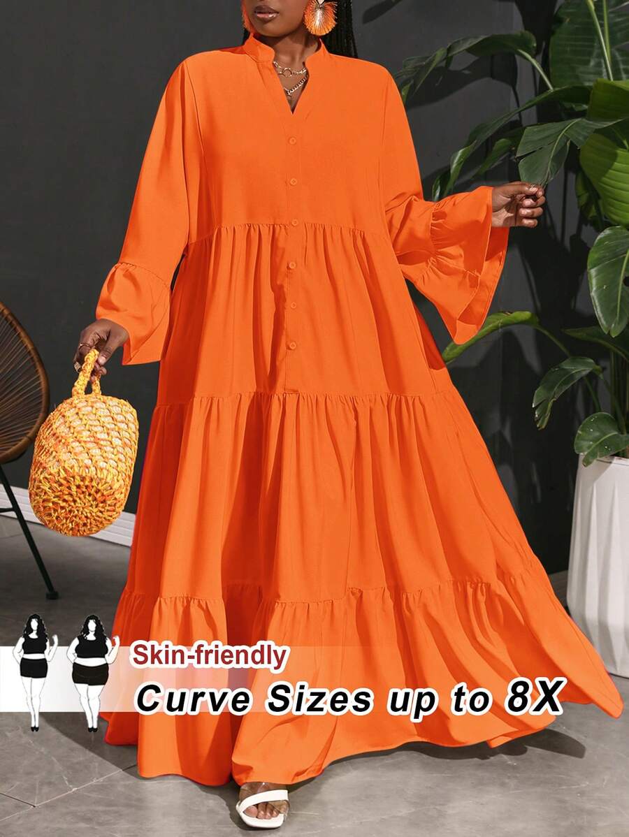 SHEIN CURVE+ 度假休闲梭织宽松 A 级女式大码衬衫连衣裙女士海滩装/沙滩裙/海滩度假装/海滩必备品/毕业/茶会礼服 - 橘色 - 查看 1