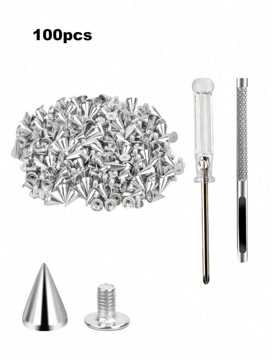 SHEIN Pack Of 100 Punk Rivets Screwdriver Punching Tool,7 X 10 Mm, Rustproof Decorative Rivets, Clothing Screw Rivets, DIY Rivets, Screw-On Rivets, Metal Gothic Spikes, Decorative Rivets, Pointed Rivets For Bags, Clothes, Shoes - Multicolor - View 1