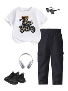 Set de 2 piezas de camiseta de manga corta de cuello redondo con estampado de letras azul y pantalón cargo para niño, estilo casual de verano - Multicolor - Ver 3