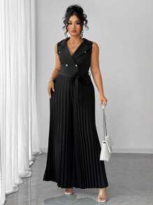 Elenzga Plus Size Women Lapel Neck Sleeveless Cinched Waist Pleated Wide Leg Jumpsuit