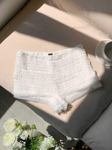 Comfortcana Women's White Knitted Frill Mini Shorts: Casual Summer Style With Tiered Ruffle Detail - White - View 6