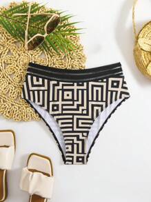 SHEIN Women's Beach Summer Geometric Random Print High Waist Elastic Band Bikini Bottom - Multicolor - View 1