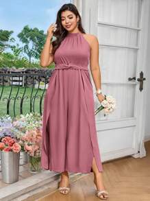 SHEIN Belle جمبسوت إليقانت للمرأة ذات الحجم الكبير، ياقة حلقية، بتجاعيد عند الذيل، شقّ في الخصر، ثنيات في الخصر - وردي - مشاهدة 3