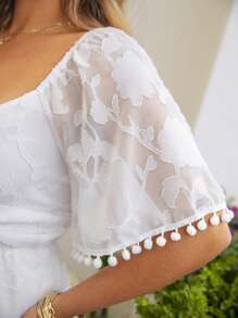 KURAYIA Women Plus Size Sweetheart Neck Criss-Cross Chiffon Floral Cutout With Lining Tassel Elegant Romper, Suitable For Vacation & Outdoor