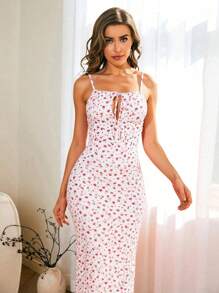 SHEIN VCAY Vestido de verano para vacaciones y citas, vestido con diseño delantero de encaje tejido fino, con estampado rojo y blanco de flores pequeñas, vestido de playa para vacaciones de verano, vestido para volver al colegio, vestido muy sencillo, vestido de oficina, vestido con aire "old money", vestido de profesora, vestido de cita, vestido para ir a bodas y fiestas con amigas en verano, vestido para ir a festivales de música, vestidos de verano para mujeres - Rojo y blanco - Ver 1