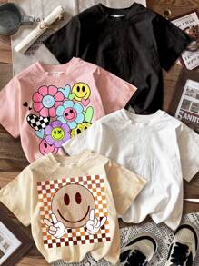 SHEIN 4pcs Young Girls Vintage Smile Face, Letter, Floral, Heart Graphic Comfy Casual Crew Neck Short Sleeve Basic T-Shirt, Suitable For Spring And Summer - Multicolor - View 2