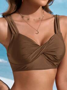 Swim Lushoire Women's Solid Color Twist Design Bikini Top, Summer Beach - Brown - View 1