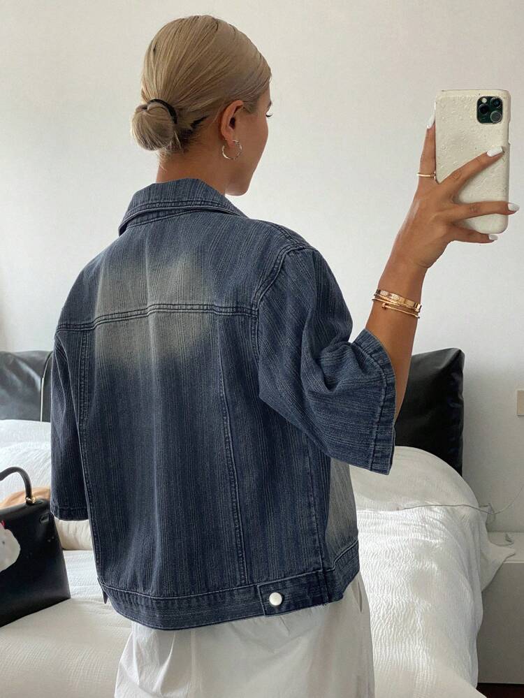 Vintage Washed Fitting Denim Short Sleeve Casual Blouse For Women, Summer