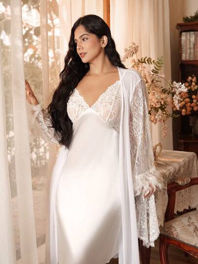 大码女式撞色蕾丝长袖宽松优雅睡袍，秋冬服装