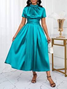 SHEIN Lady 春夏秋冬优雅端庄派对婚礼酒会音乐会/音乐节圣诞节绿色梭织缎立领梭织A字加大码连衣裙 - 水鴨藍 - 查看 3