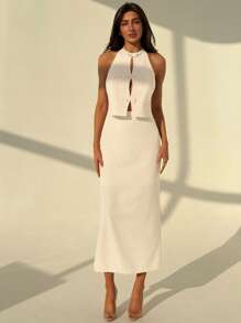 Aloruh Women's Bow Decor Backless Halter Top And Skirt 2pcs Set - Apricot - View 3