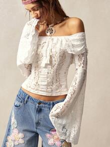 Bohemela Bohemian Solid Color Knit Lace Off Shoulder Bell Sleeve Fitted Blouse For Women,See Through Top - White - View 5