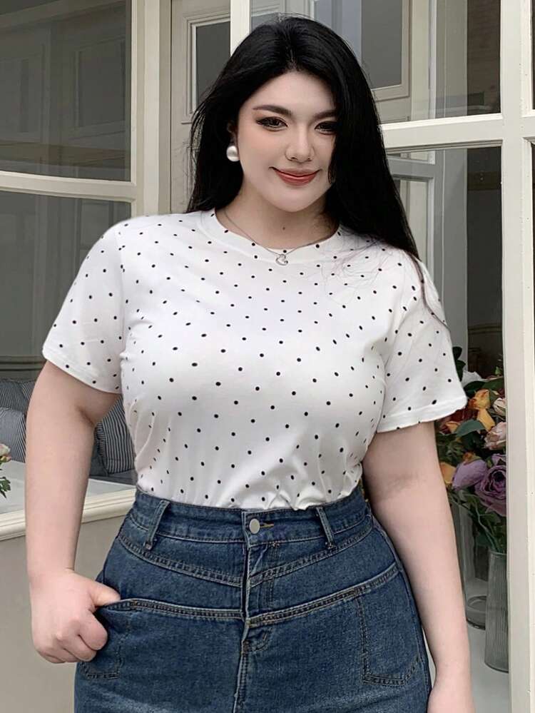 Dazy Plus Valentine Plus Size Women Casual Round Neck Polka Dot Short Sleeve Fitted White T-Shirt