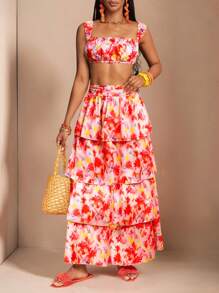 Slaydiva Neues Frühlings- und Sommerurlaubs-sexy trägerloses Oberteil + mehrlagiger Vintage-Blumenrock, zweiteiliges Damenset - B