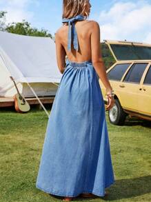 Breezaya 女士简约时尚牛仔连衣裙，适合夏季 - 藍色 - 查看 3