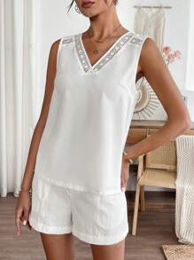 Women's Solid Color Contrast Lace Camisole And Shorts Casual 2 Pieces Set Matching Sets Women Short Sets For Women Summer - White - View 6