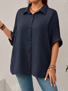 EMERY ROSE Plus Size Women's Solid Color Batwing Sleeve Loose Single-Breasted Casual Shirt,Vacation Woman,Summer - Navy Blue - View 5