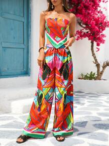 Vivid Eden 2pcs/Set Women's Casual Vacation Woven Printed Tie-Back Bandeau Top And Wide Leg Pants, Vacation Two Pieces Set, Summer Outfits For Women, Beach Outfits For Woman - Multicolor - View 4