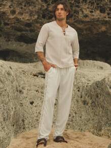 HIMLAND Loose Fit Men's Lace-Up Front Drop Shoulder High-Low Hem Top, Fall, Old Money, Couple Things - Beige - View 3