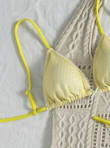 SHEIN Swim Women's Hollow Texture Fabric Yellow Bikini Set, Summer Beach Vacation - Yellow - View 3