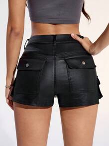 SHEIN EZwear Women's Summer Fashion Flap Pocket Skinny Shorts - Black - View 2
