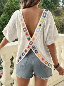 SHEIN Maternity Holiday Casual Crochet Patchwork Batwing Sleeve T-Shirt - Apricot - View 1