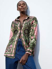 Maija Women's Green And Pink Contrast Color Casual Vacation Blouse, Minimalist Floral Print Pattern Long Sleeve Loose Shirt, Romantic And Fashionable, Versatile, Suitable For Vacation, Comfortable Bohemian Style Beach,Women Easter Summer Easter Women Party Top Beach Summer Holiday Beach Vacation Summer Going Out Graduation Casual Blouse Elegant Women's Blouses Casual Blouse For Women Formal Attire For Women Office Wear Women Business - Green - View 5
