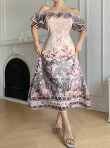 DAZY Women's Summer Off-Shoulder Bohemian Ditsy Floral Mid-Length Sleeve Midi Dress - White - View 3