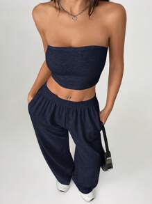 SHEIN PETITE Women's Solid Color Casual Trousers Two Pieces Set - Navy Blue - View 3