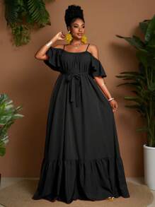 Maweii Vestido elegante con volantes de unicolor y hombros descubiertos para mujer de talla grande, adecuado para vacaciones - Negro - Ver 5